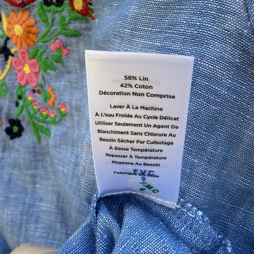 Talbots Top PETITE Small Blue Floral Embroidered Linen Blend Boho Short Sleeves - Picture 6 of 10